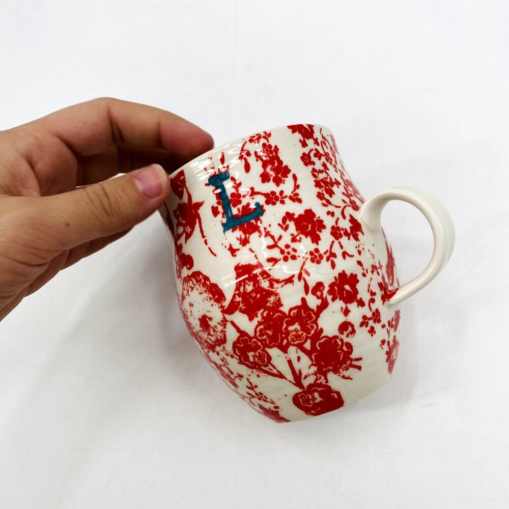 Anthropologie Red Floral "L" monogram mug